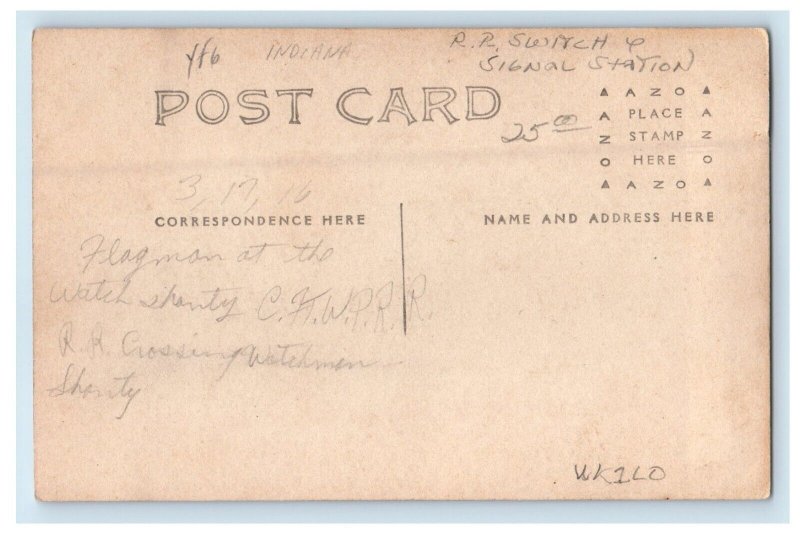 1916 Indiana Railroad Watchman at Shanty Signal Station RPPC Photo Postcard