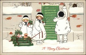 Christmas Little Girls Piglet on Sled White Snowsuits c1910 Vintage Postcard