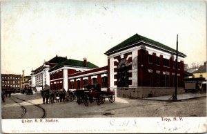 Postcard NY Troy Union Railroad Station Buggies Train UDB Duplex Cancel 1905 F33