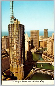 Vtg Illinois IL Chicago River and Marina City Apartment Towers View Postcard