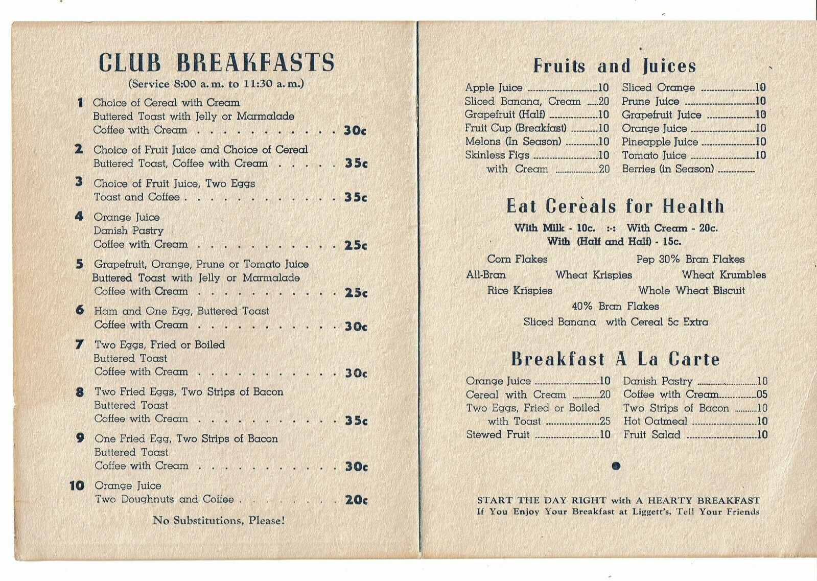 Vintage Liggetts Breakfast restaurant Menu club a la carte good morning Ephemera Menus