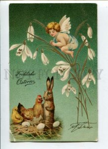 3091653 Winged ANGEL on SNOWDROP & HARE Rabbit BUNNY Embossed