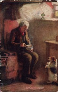 Man and Dog 'Great Expectations' Pet Canine Food Tuck Scottish Life Postcard H3