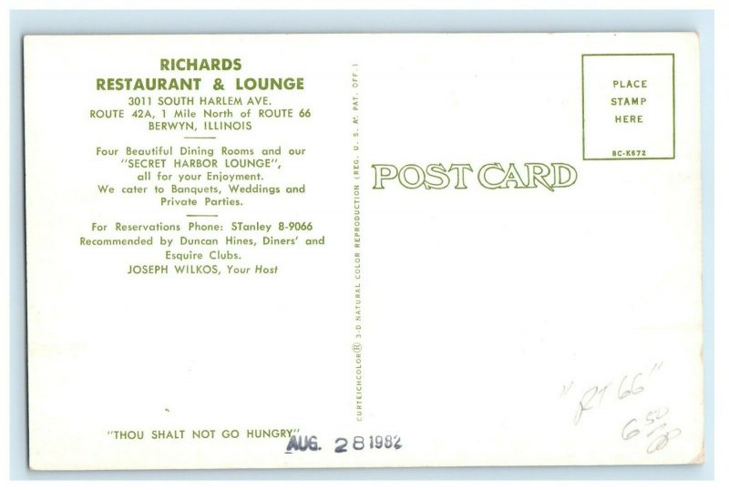 1982 Richard's Restaurant & Lounge Berwyn IL, One Mile North Route 66 Postcard