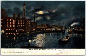 VINTAGE POSTCARD BARGES BOATS AND SHIPS AT NIGHT AT RIVER FRONT CHICAGO ILL 1908