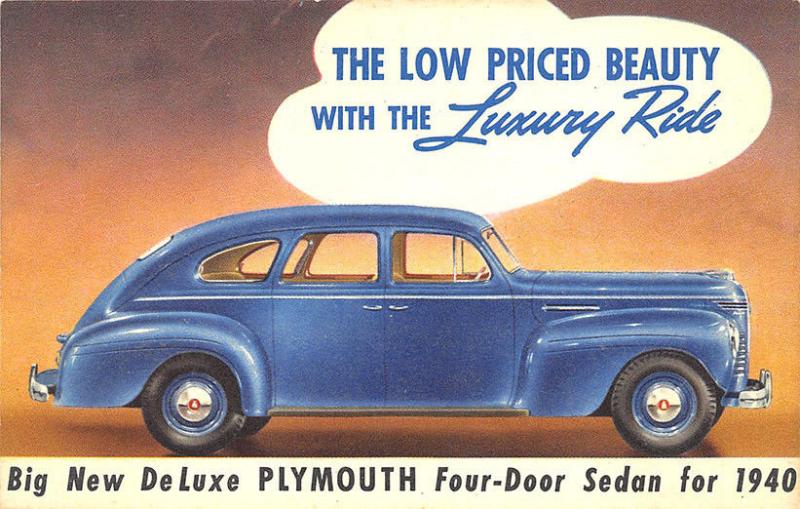 1940 New DeLuxe Plymouth Original Advertising Linen Postcard