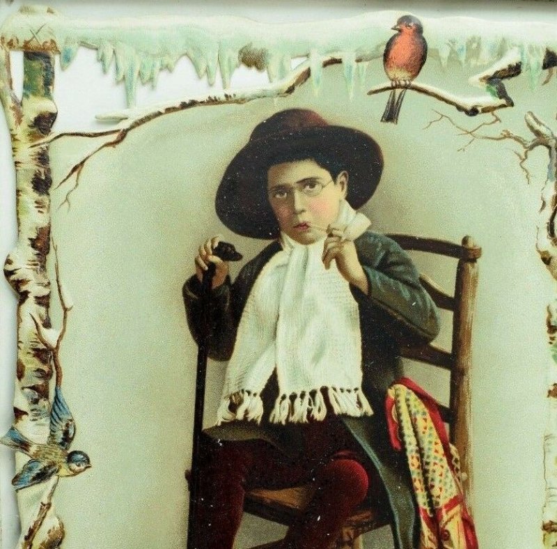 1870's-80's Lovely Winter Die Cut Boy Pipe Snow Bird Christmas Victorian Card *X