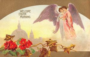 Welcome Easter Morning two angels flowers city in background antique pc Y13493