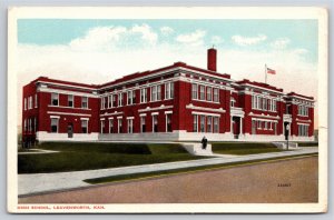 Leavenworth Kansas~High School Building Street Scene~Vintage Postcard