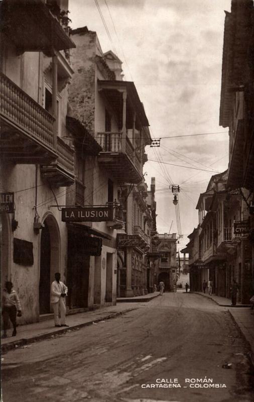 colombia, CARTAGENA, Calle Román, La Ilusion (1920s) RPPC Mixed Franking USA