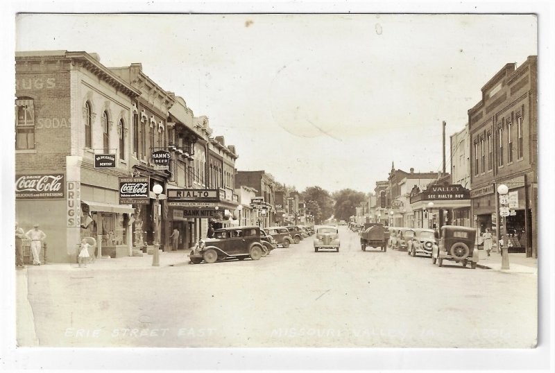 1939 Missouri Valley Iowa Erie Street Scene Cars Signs Coca Cola Route 30 Movies