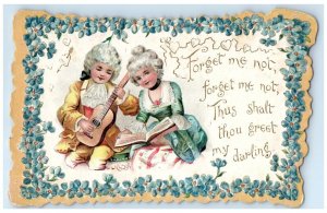 c1905 Couple Romance Playing Guitar Flowers Embossed Unposted Antique Postcard