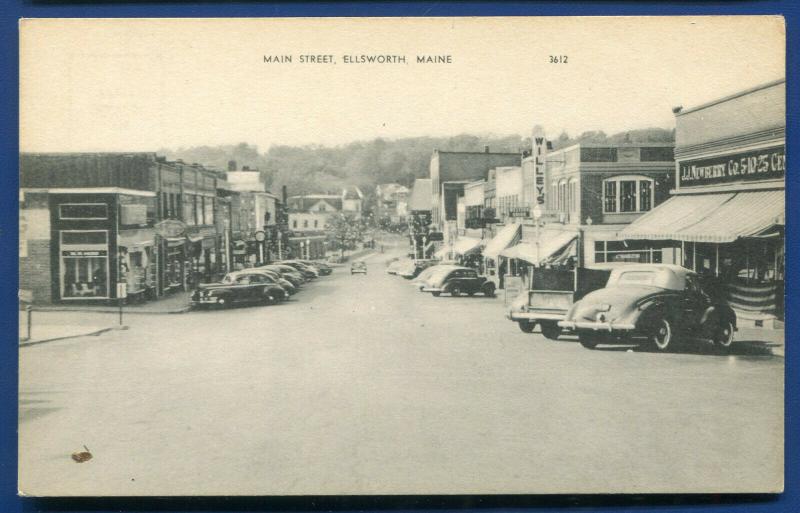Ellsworth Maine me Main Street view scene old autos cars storefronts 1940s United States