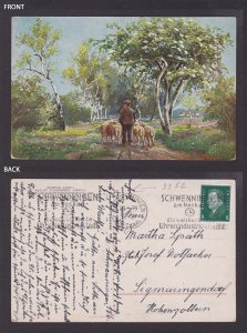 GERMANY 1929, Vintage postcard, Shepherd and sheep, Posted