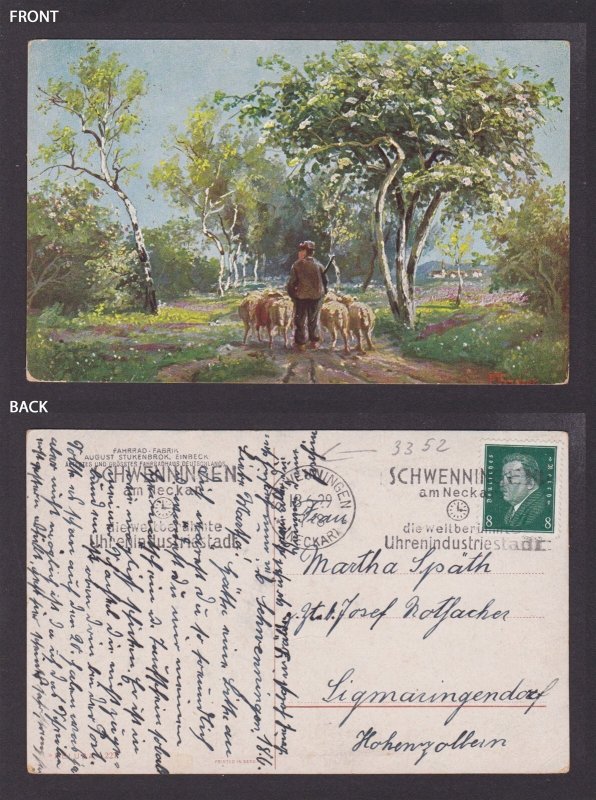 GERMANY 1929, Vintage postcard, Shepherd and sheep, Posted