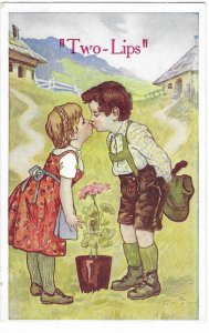 Two Lips Cute Little Boy and Girl Kissing Swiss? German?