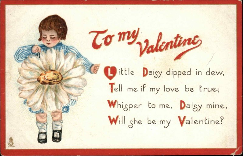 Tuck Valentine First Love Little Girl Daisy Flower Girl c1910 Vintage Postcard