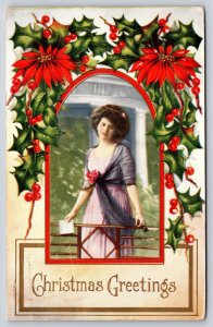 Christmas~Woman w/Card On Balcony~Holly~Poinsettias~c1910 Whitney Made Postcard