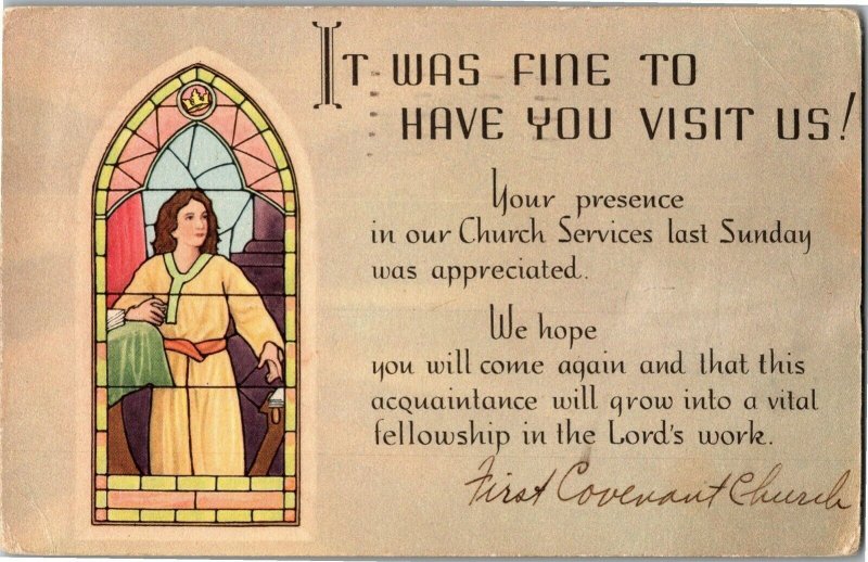 Church Stained Glass, Thank You for Visiting Vintage Postcard A13