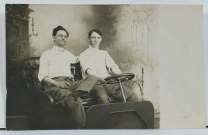 RPPC Two Cool Guys Studio Automobile Prop Hague Park Michigan c1910 Postcard L4