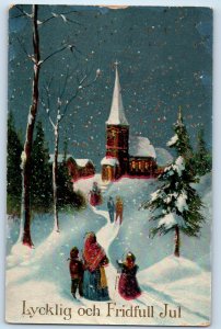 Christmas People Going To Church Snow Winter Scene Gel Gold Gilt Postcard