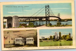 postcard Windsor Ambassador Bridge Tunnel Busses Waterfront photogelatine