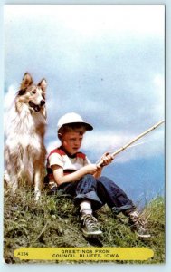 Greetings from COUNCIL BLUFFS, Iowa IA ~ Boy Fishing & Collie Dog 1950s Postcard