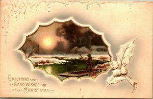 Greetings For Christmas Fishing Scene 1910s Postcard Meissner Highest Award