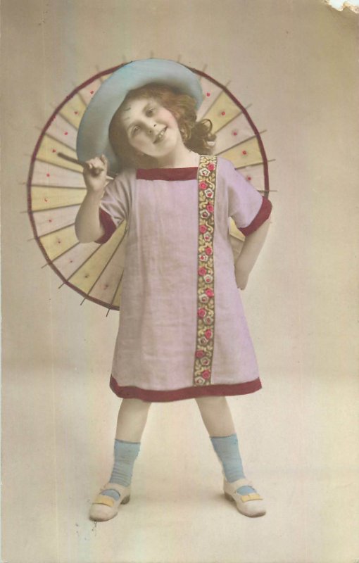 Postcard Glamour greetings woman child portrait dress umbrella