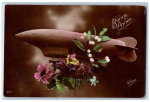 New Year Postcard RPPC Photo Bonne Annee Airship Flowers Mistletoe c1910's