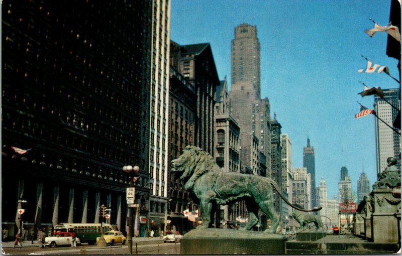 Michigan Ave Lions Art Institute Chicago Illinois Postcard old cars taxis bus