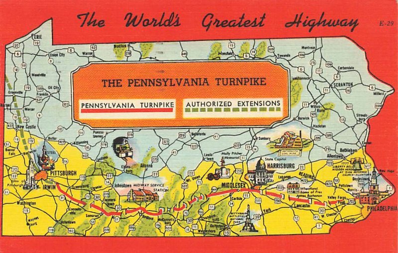 Pennsylvania Turnpike Map Worlds Greatest Highway 1951 PA Linen VTG ...