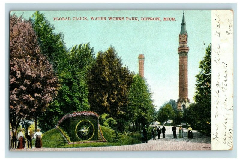 Circa 1900-07 Floral Clock, Water Works , Detroit, Michigan Vintage Postcard P12