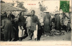 PC TONKIN INDIGENES AU MARCHE ETHNIC TYPES VIETNAM INDOCHINA (a36770)