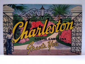 Greetings From Charleston South Carolina Large Letter Linen Postcard Iron Gates