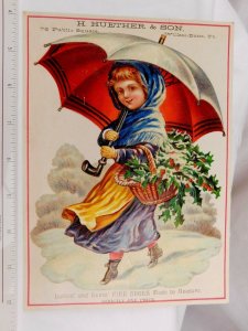 1880's Big Christmas Girl Snow Holly Umbrella Fab Mica Winter H Huether & Son #W