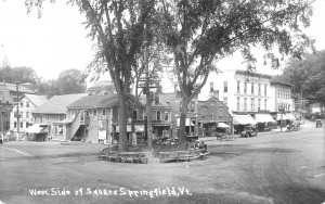 Springfield VT West side of Square Storefronts Horse & Wagon, RPPC