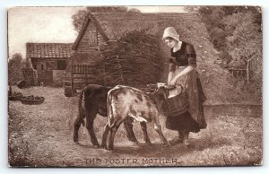 c1910 THE FOSTER MOTHER LADY FEEDING CALF M.T. SHEAHAN EARLY POSTCARD P3672