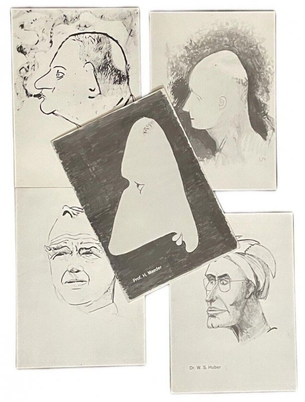 Lot 5 drawn caricatures famous swiss personalities Prof. Maeder Dr. Huber Wagner 