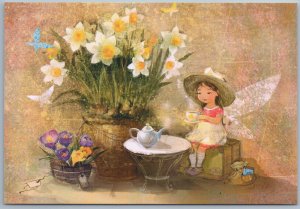 LITTLE GIRL Spring Fairy Tea party Daffodil Kettle Fantasy by Babok New Postcard