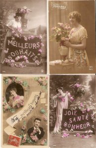 Pretty ladies, with flowers Lot of four(4) old vintage French photo postcards
