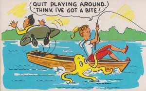 Octopus Fishing Man Falls Off Boat Rod Lake Rowing Comic Humour Postcard