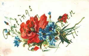 Vintage Postcard 1909 Greetings From New Baden Illinois Red Blue Pansy Flowers