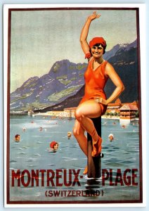 MONTREAUX, SWITZERLAND ~ Beach Scene BATHING BEAUTY 4x6 Repro Travel Postcard