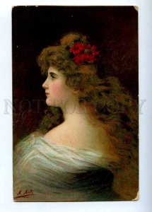 202801 Lady w/ LONG HAIR in White by Angelo ASTI vintage PC  