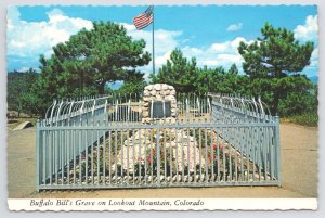 Lookout Mountain Colorado~Grave of Buffalo Bill & US Flag~Continental Postcard