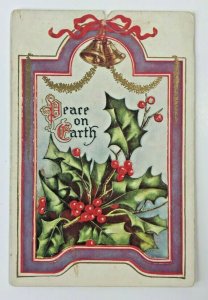 Circa1907-15 Embossed Gilded Bells & Garland Holly Christmas Postcard 2T5-569