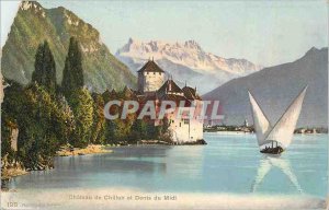 Old Postcard Chateau de Chillon and Dents du Midi boat