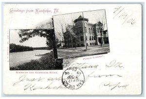 1906 Greetings From Kankakee Public Library Scene On River Illinois Postcard