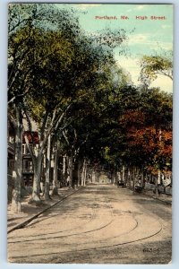 1910 Portland Maine ME Vintage Postcard High Street Road Trees Houses Unposted